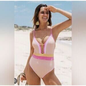 NWOT Cupshe Women’s 2X Pastel Color Block One Piece Swim Pink Yellow